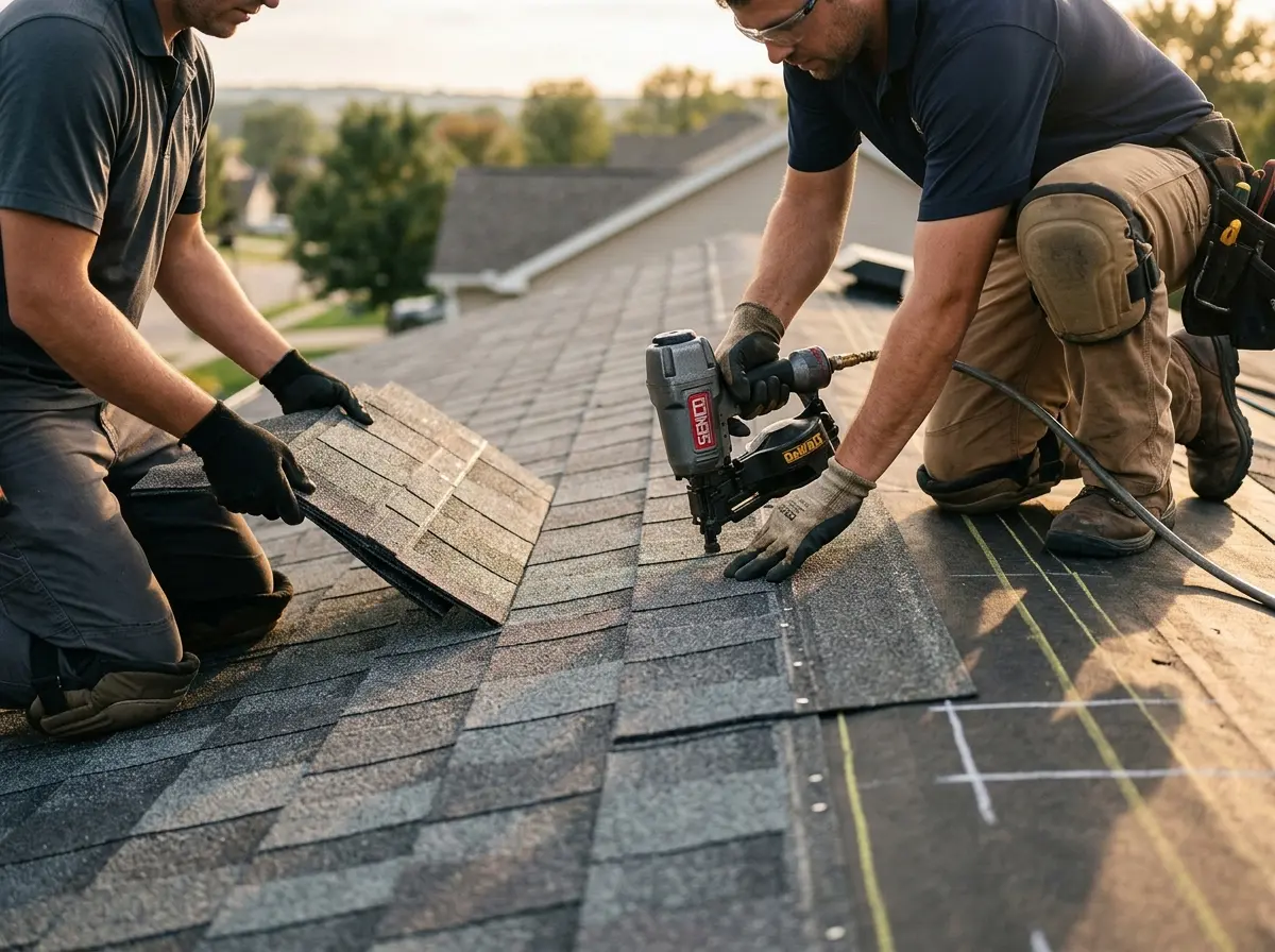 Professional roofer working on a residential roof in Fort Edward